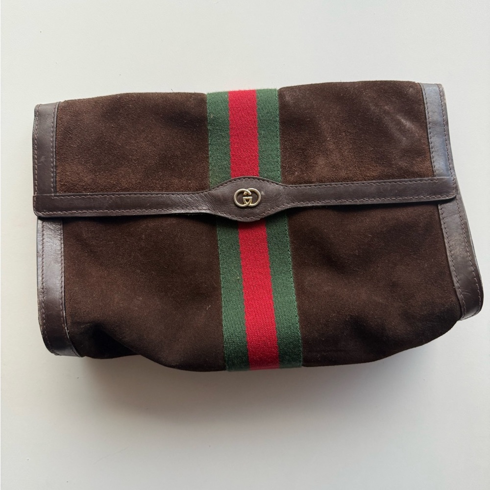 Vintage Suede Gucci Brown and Green Toiletry Bag with Iconic Stripe